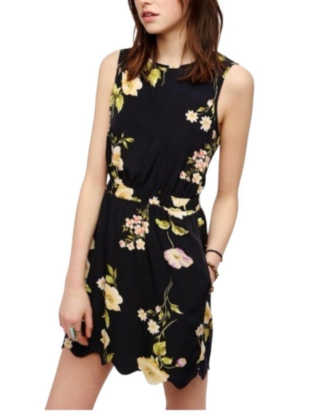 Urban Outfitters- ByCorpus Black Floral Sleeveless Mini Dress with Scallop Hem